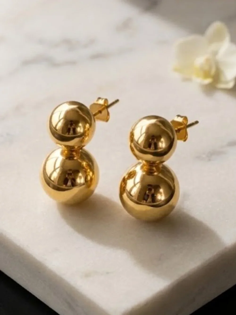 18K Gold Plated Double Ball Drop Stud Earrings Sculptural Old Money 0.8